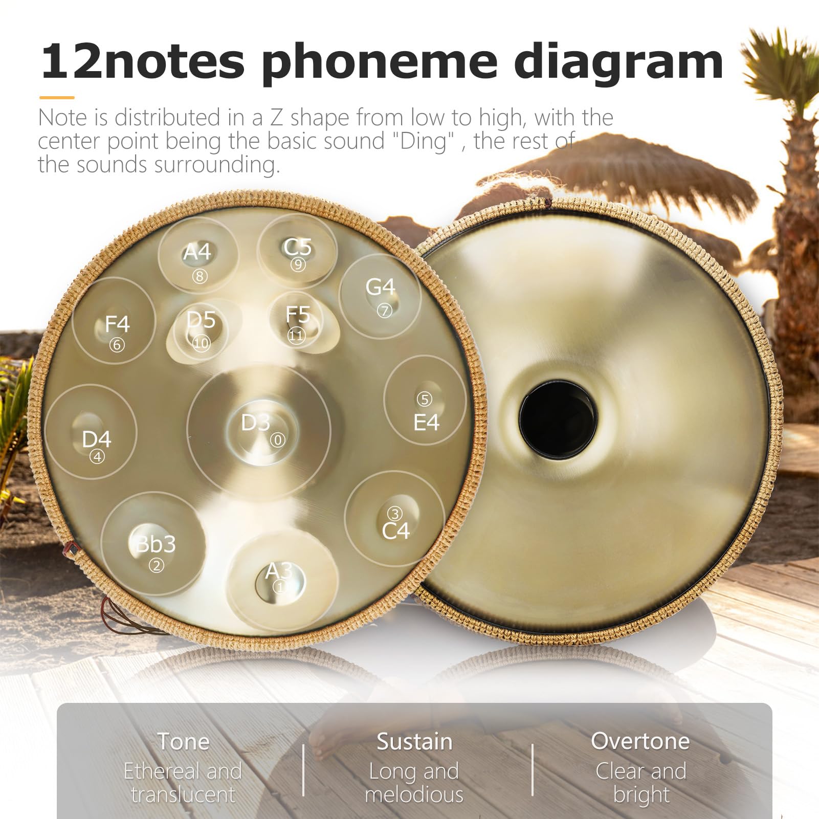 Handpan Drum, 12 Töne 22 Zoll Steel Instrument 440/432h Gold in D Minor Zungentrommel Mit Weicher Tasche, Schlägeln, Handtrommelständer für Anfänger, Profis, Musiktherapie (440Hz)
