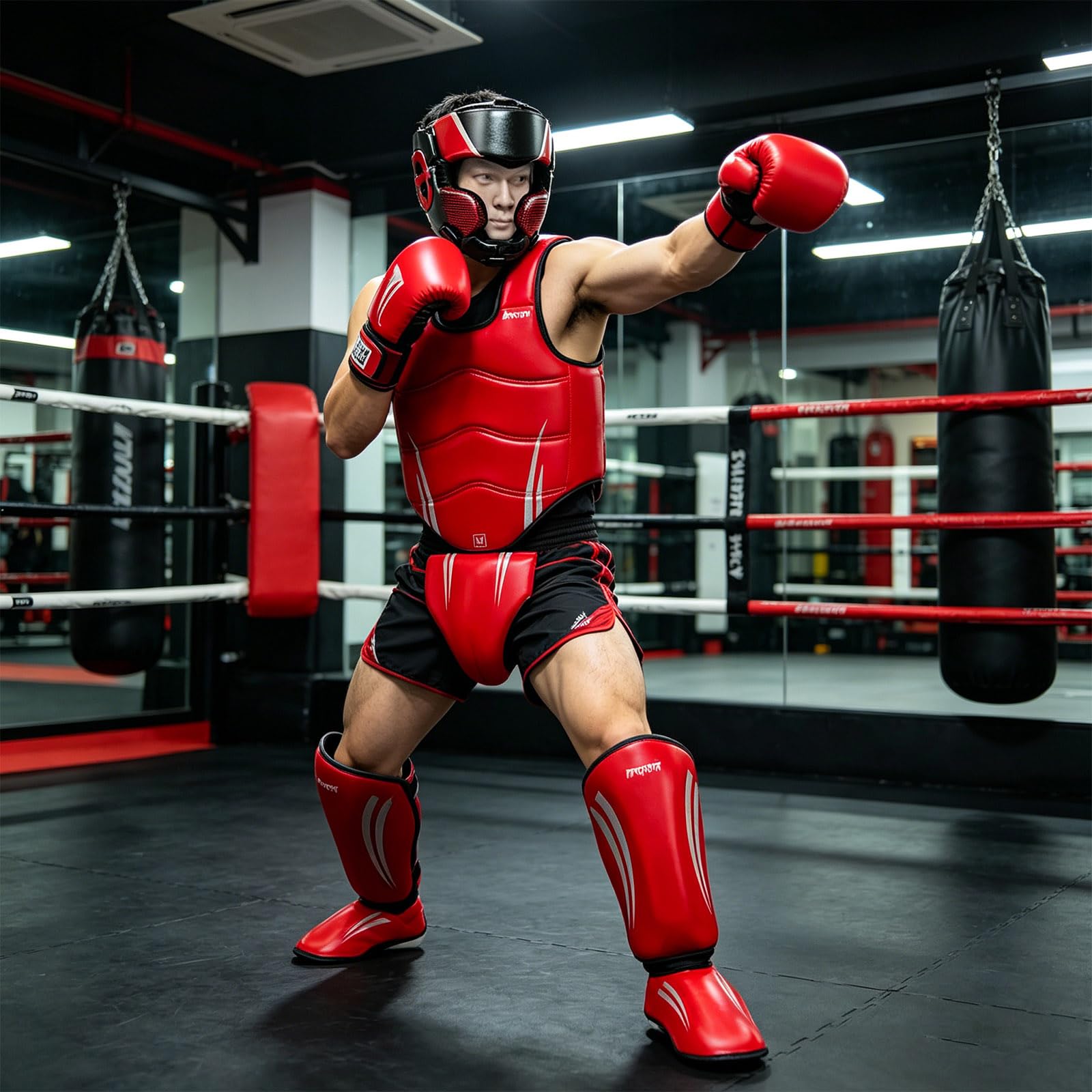 Generisch Casco de boxeo multifuncional, kit de protección contra combate, incluye gorros, protectores de pecho, protectores de piernas, protectores de ingle y equipo de protección para kickboxing