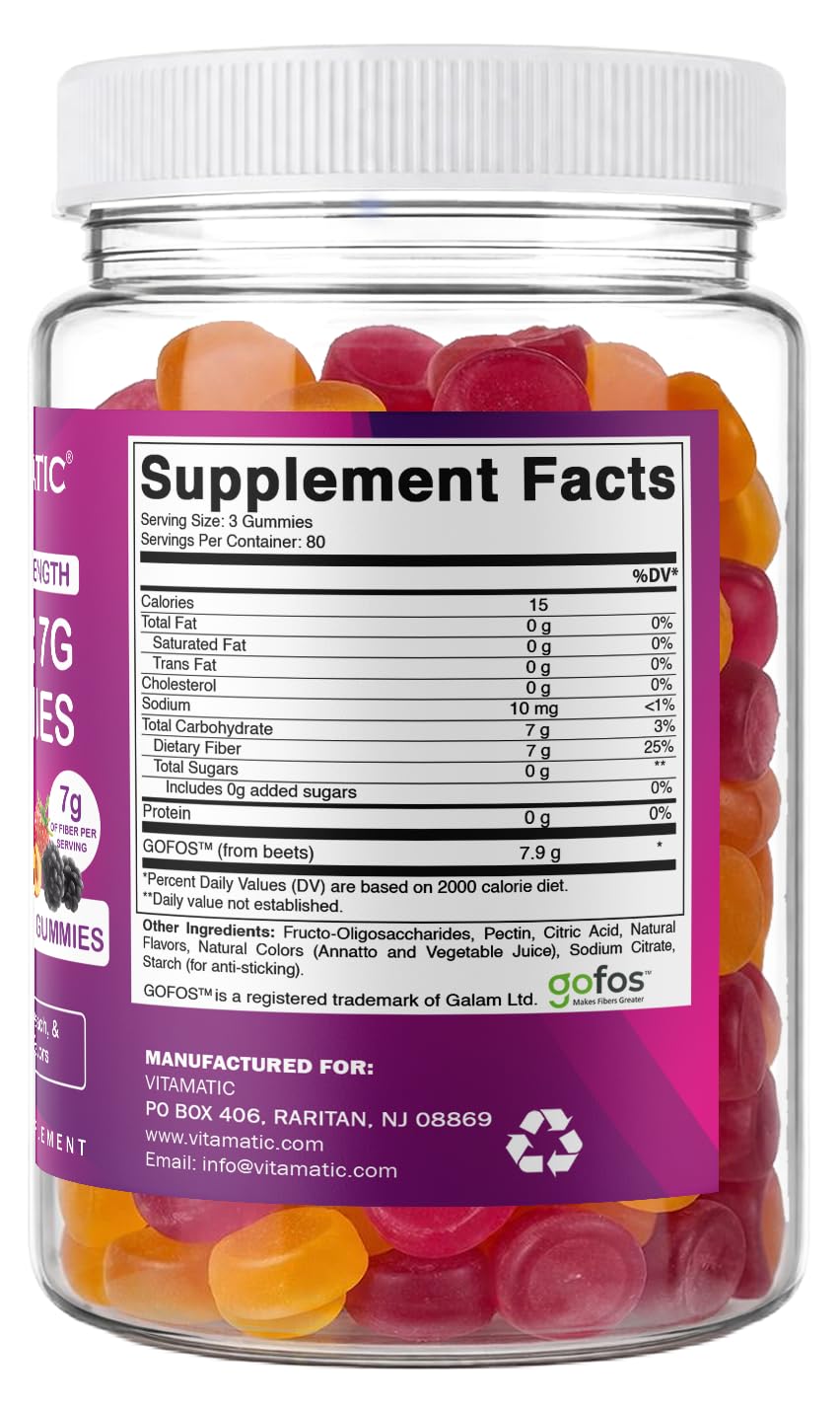 Vitamatic Prebiotic Fiber Gummies for Adults, 7G Extra Strength, Zero Sugar Added, 240 Pectin Based Gummies, Digestive Health & Regularity Support — Amazon image 8