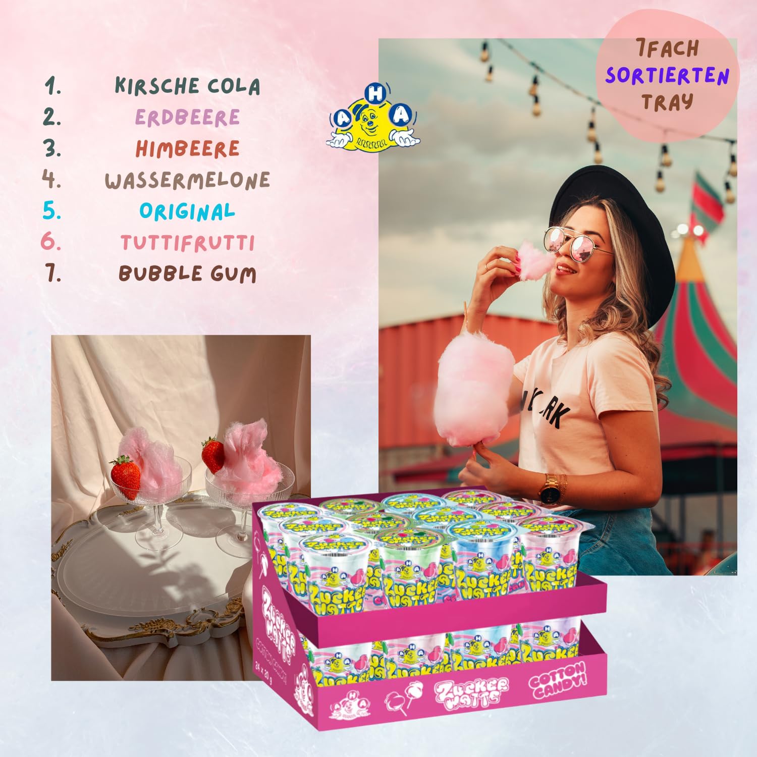 AHA Barbe à papa 7 variétés colorées 24 x 20 g dans un gobelet, qualité supérieure, emballage de stockage, 4 saveurs comme à la foire foraine pour fête, maison, garden-party, célébration