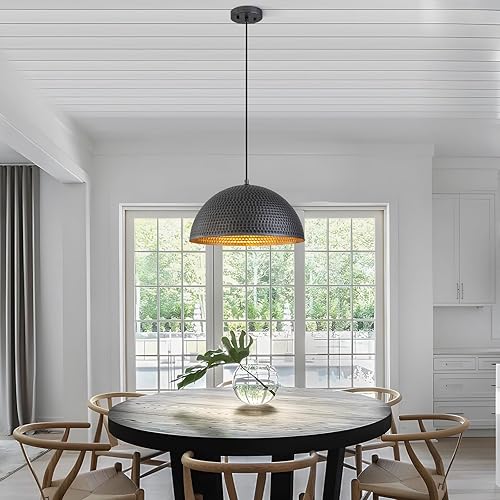 Miniatura 2 de Luces colgantes de granja de 15.7 pulgadas, isla de cocina, candelabro industrial grande martillado negro y plateado, luces colgantes de cúpula de