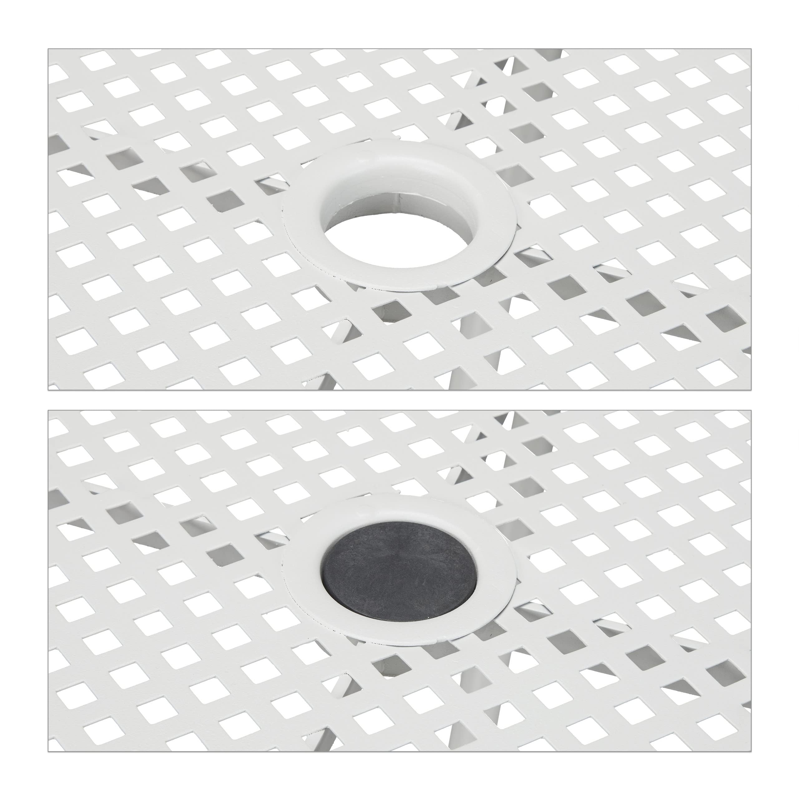 Relaxdays Tavolino da Giardino, con Foro per Ombrellone, in Acciaio Inox, Rotondo, Effetto Griglia, HxD 72x70 cm, Bianco