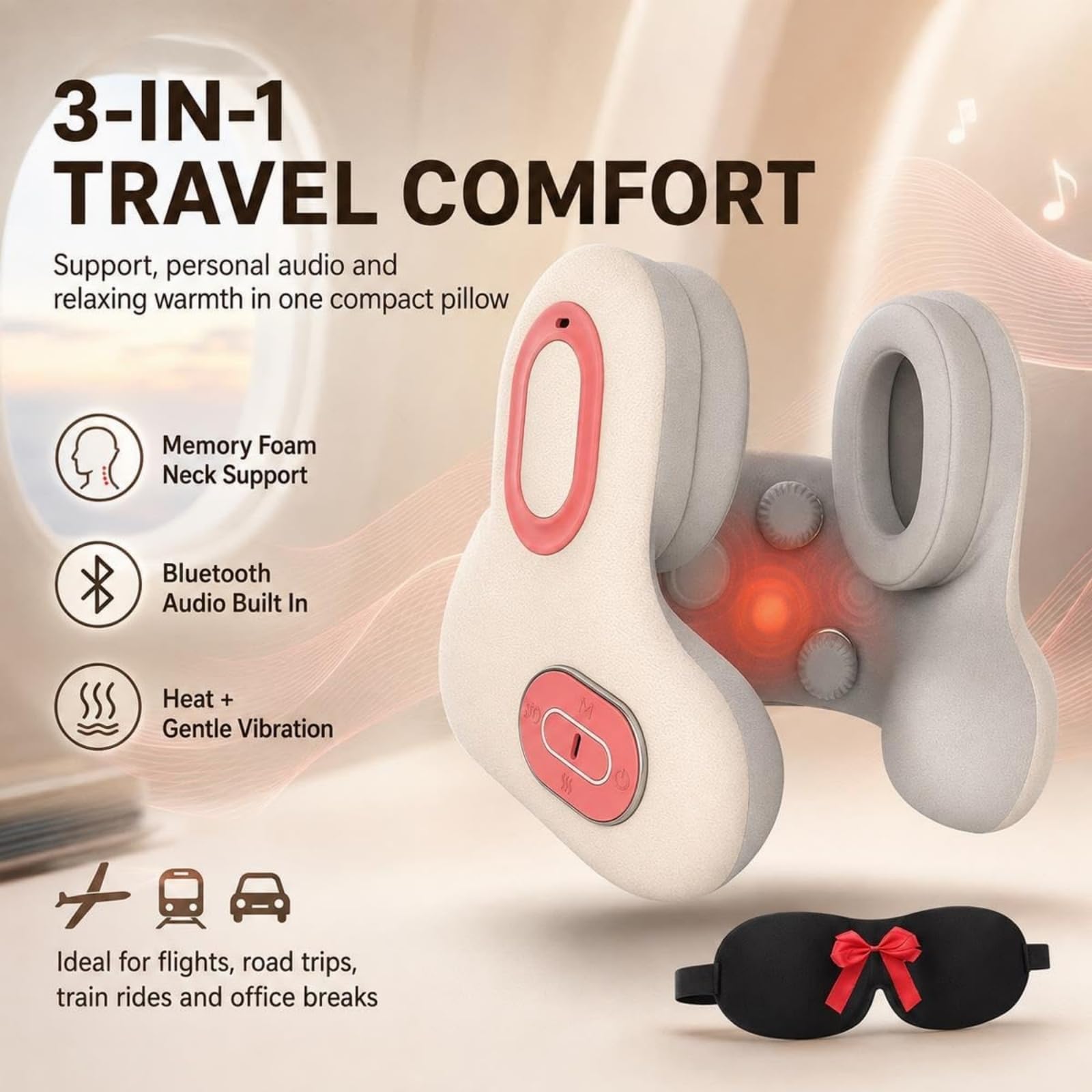 Cuscino da Viaggio Massaggiante Riscaldato 3 in 1, Cervicale U con Altoparlante Bluetooth, Massaggiatore Collo e Spalle con Calore per Aereo, Treno, Auto e Ufficio