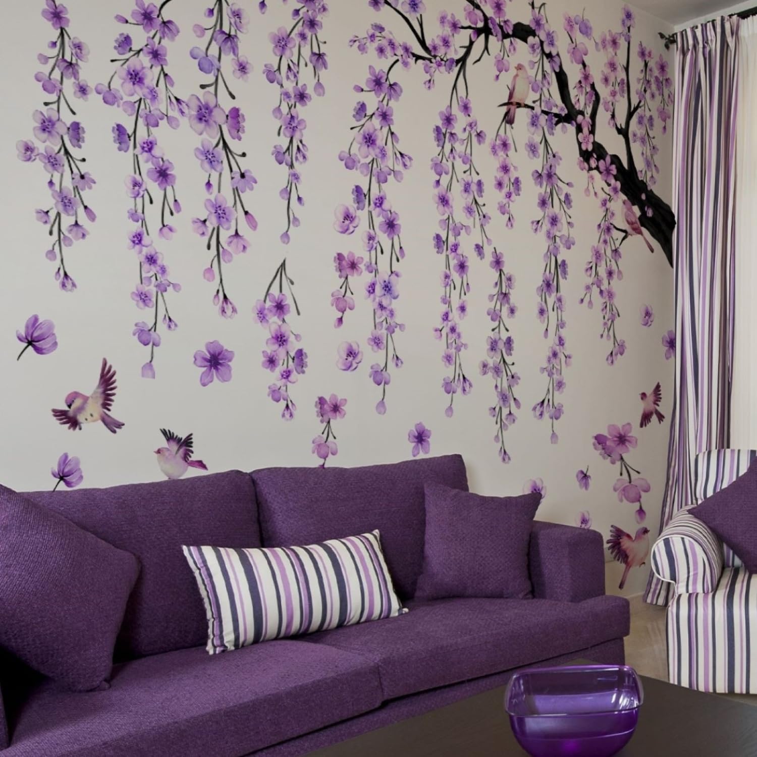 Lilac Wall Decoration Large Cherry Blossom Tree Wall Stickers, 4 Sheets Spring Purple Flower Bird Wall Decals Peel and Stick Wall Murals Decor for Living Room Bedroom (Purple, 11.8 * 35.4inch)