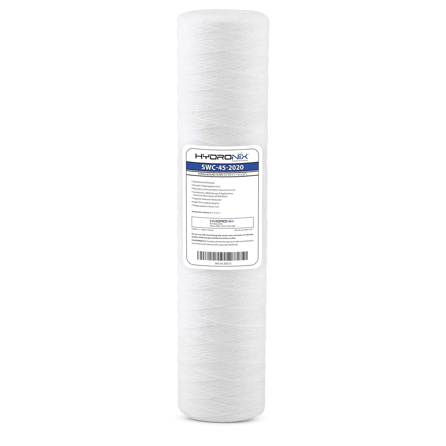 Hydronix SWC-45-2020 String Wound Water Filter Cartridge | 20" x 4.5" | 20 Micron | Whole House Water Filter Replacement | Sediment Filter for Rust, Dirt, Sand | Polypropylene