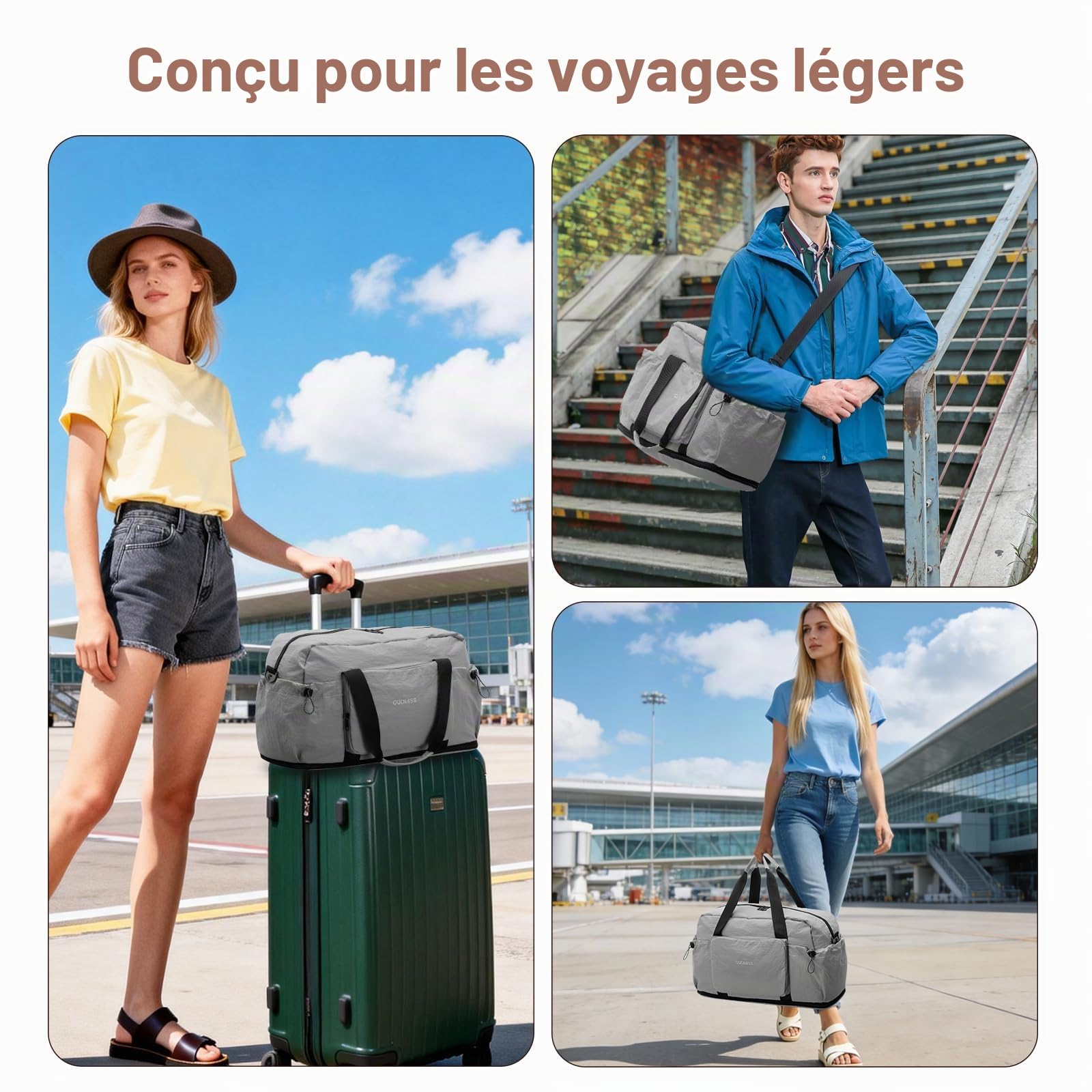 HUA ANGEL Sac de Voyage Pliable Extensible Ultra-Léger Sac de Sport & Weekend avec Poche Étanche - Grand Sac Cabine Avion pour Homme Femme Fitness Yoga Boxe Piscine Vacances(30-35L) Gris