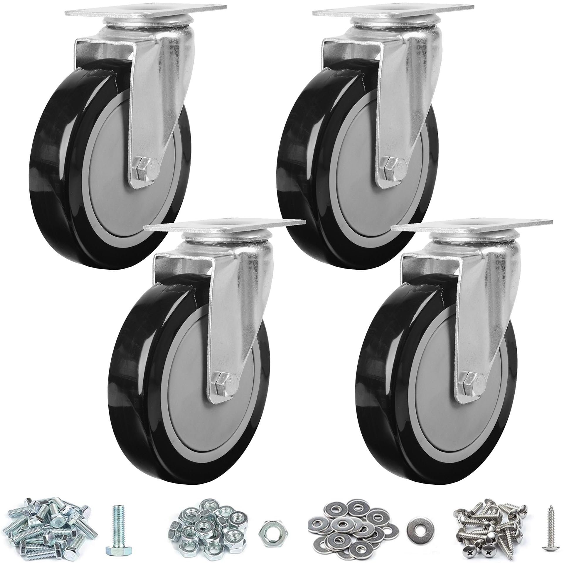 Finnhomy 5 Inch Caster Wheels Set of 4 Heavy Duty Plate Swivel Casters Polyurethane Wheels for Furniture/Workbench Premium PU Industrial Wheels 3,000
