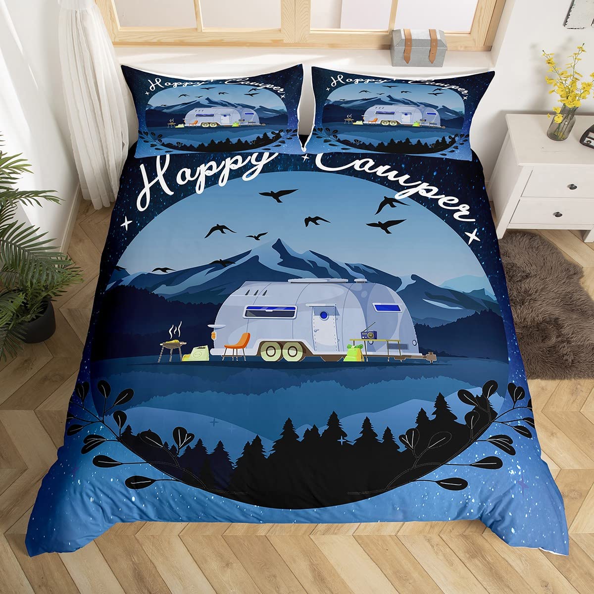 Homewish Happy Camping Juego de funda de edredón para caravana, juego de ropa de cama de noche estrellada súper King, ropa de cama rústica de granja, accesorios de camping, funda de edredón