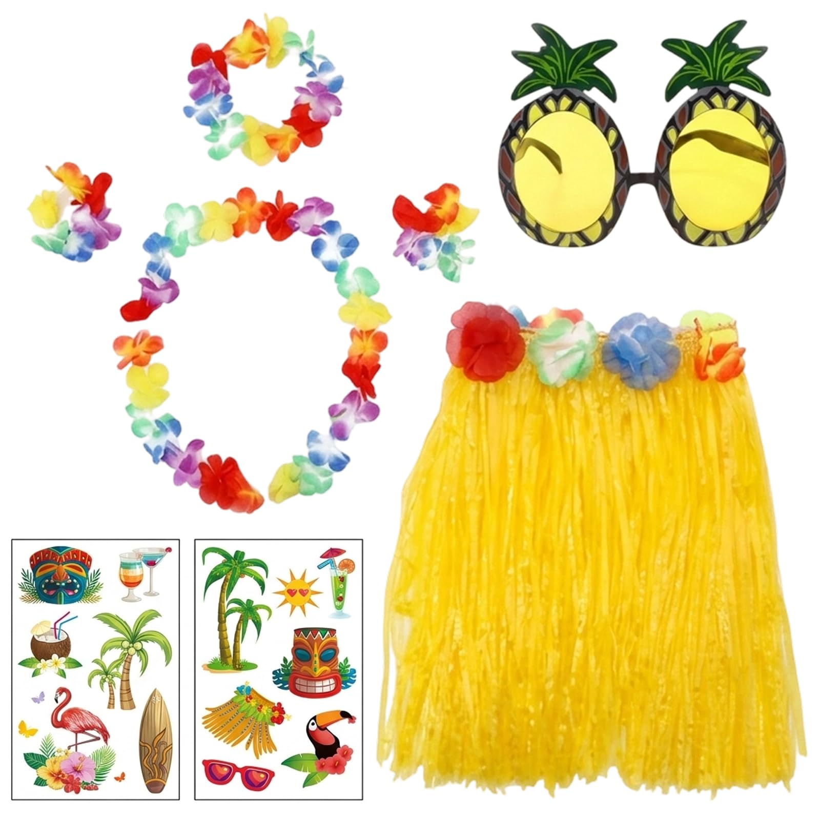 8Pcs Grass Skirts For Adults, Hawaiian Fancy Dress Outfit with Flower Necklaces, Tropical Party Costume Set with Grass Skirt and Pineapple Glasses, Ideal for Luau Parties and Beach Celebrations