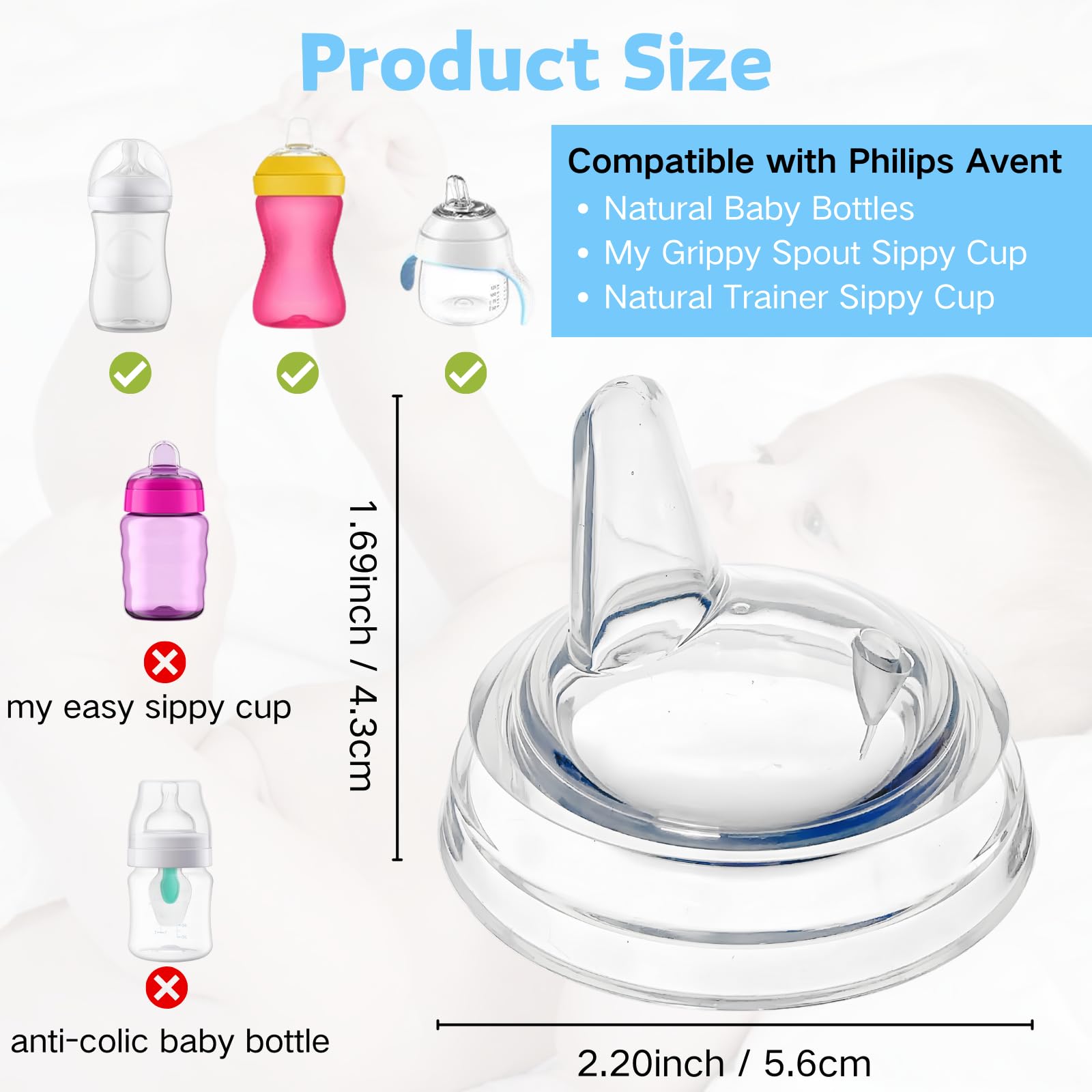 Sippy Spout Nipples Compatible with Philips Avent Natural Bottles, My Grippy Spout and Natural Trainer Sippy Cup, Soft Clear Food Grade Silicone Replacement Spouts, Leak-Proof, BPA Free, 4 Count