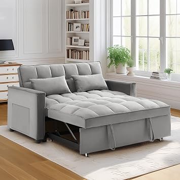 55-inch Small Futon Sofa Bed, Modern Tufted Velvet 3 in 1 Convertible Sleeper Sofa with Pull Out Bed, 2 Pillows for Small Space, Living Room, Apartment, Bedroom, Grey