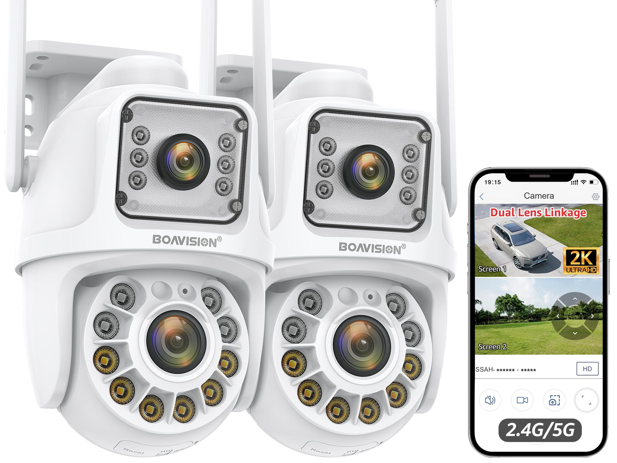 BOAVISION 2Pack 2.4G/5G WiFi Outdoor Security Camera, Dual Lens Wireless PTZ, 360° View, AI Human Tracking, Color Night Vision, 24/7 Recording, Two-Way Audio, Cloud & SD Card Storage