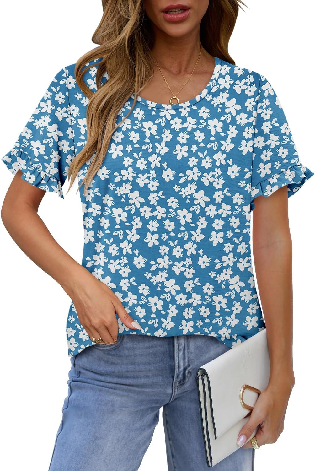 CRAZY GRID Women's Shirts Summer Casual Crewneck Short Sleeve Blouses Cute Floral Print Tunic Tops - Image 2