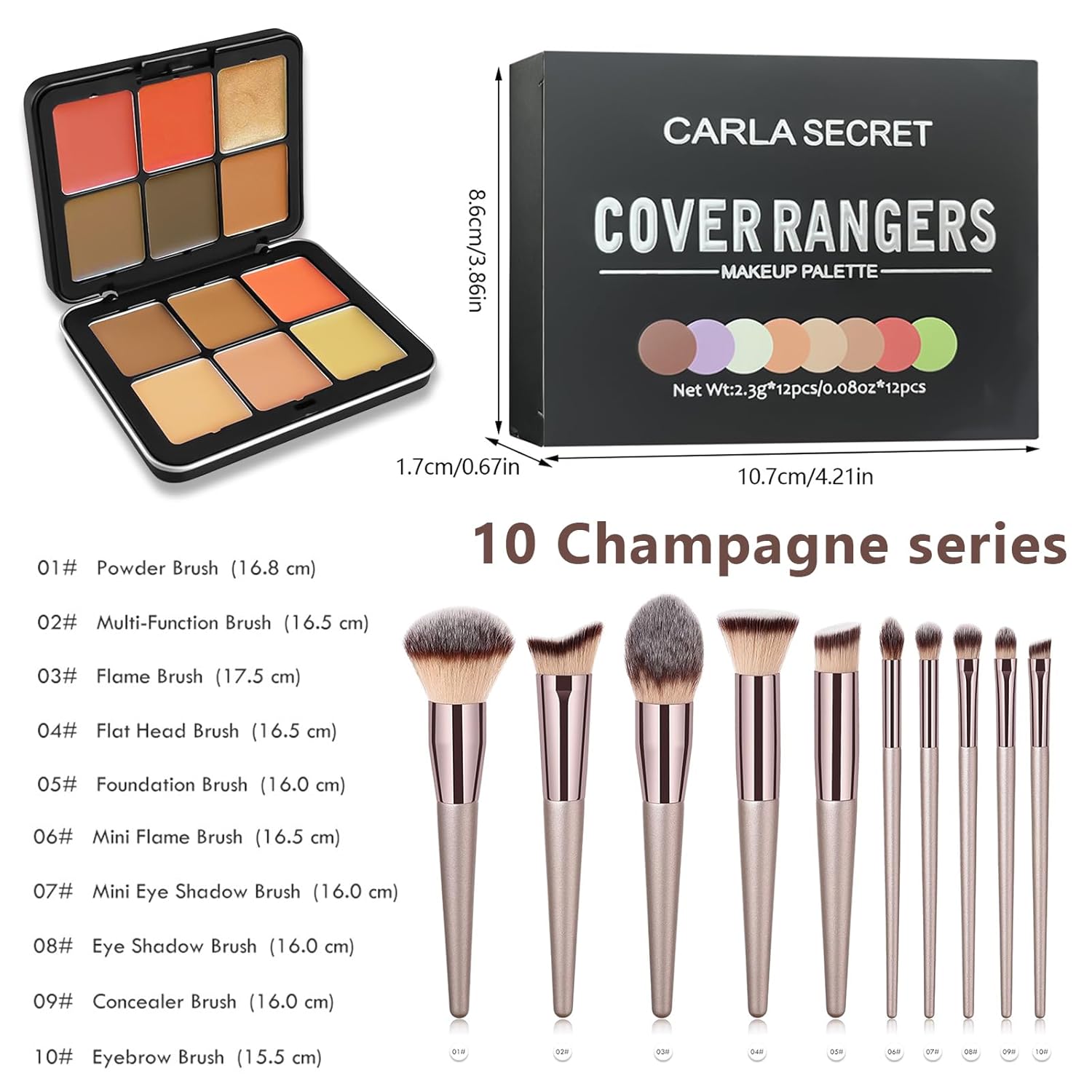 Makeup Kit, 12 Colors Vegan Eyeshadow Concealer Palette with 10 Professional Champagne Gold Makeup Brushes Set, Cruelty-Free, Gift Set for Women, Teens, Beginners(A) - Image 2