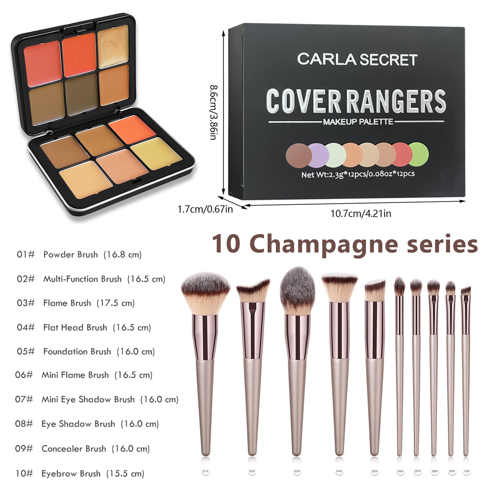 JasCherry Makeup Kit, 12 Colour Vegan Eyeshadow Concealer Palette with 10 Professional Champagne Gold Makeup Brushes Set - Image 2