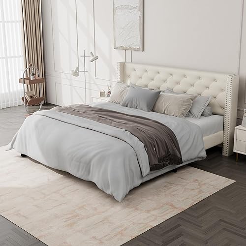 Miniatura 7 de Marco de cama tapizado, marco de cama matrimonial con cabecera ajustable, marco de cama de plataforma completa compatible con marco de metal y