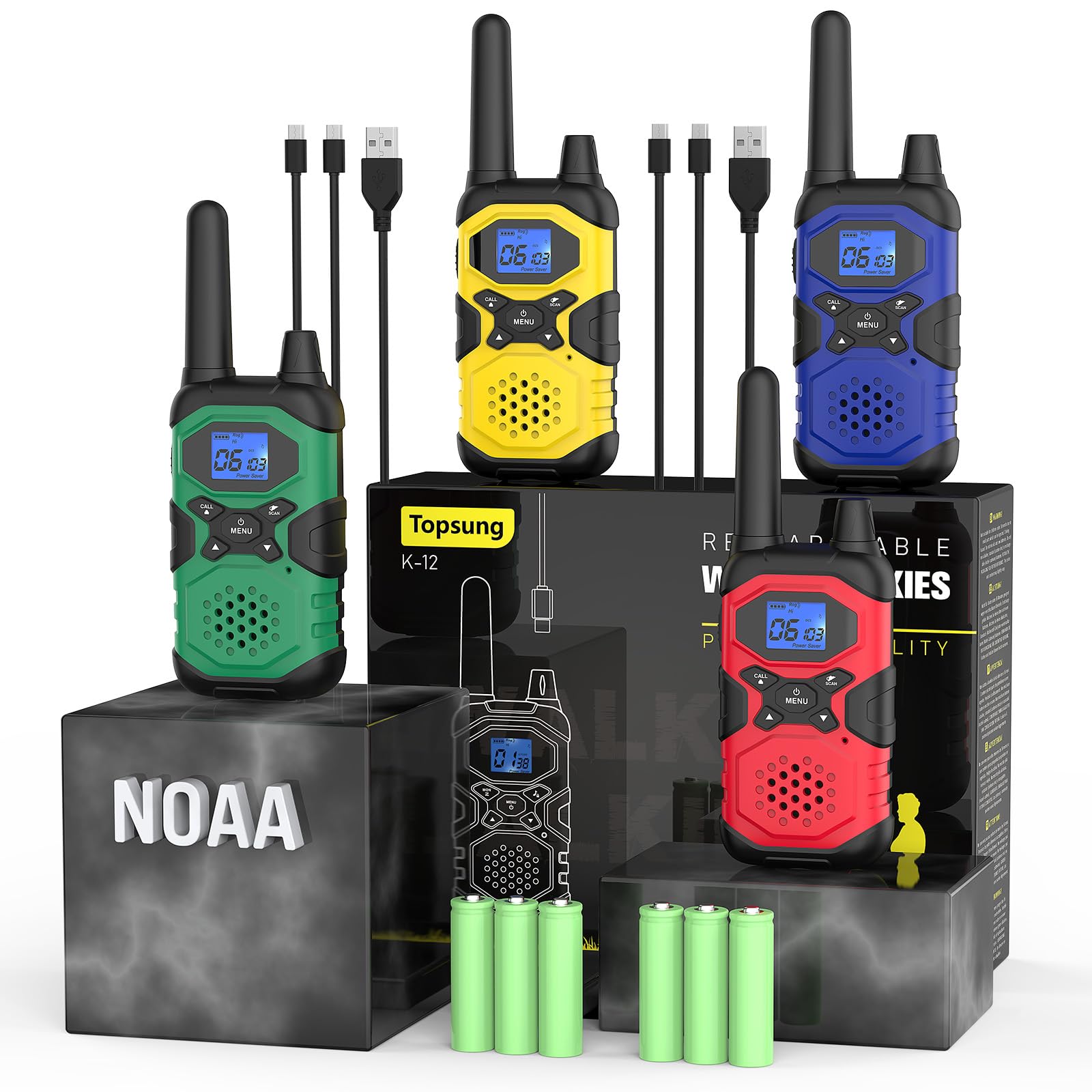 Topsung Walkie Talkies for Adults Rechargeable Long Range 4 Pack, Family 2 Way Radio NOAA Walkie-Talkies with USB Cable 4500mAh Battery Lanyard for Farm Warehouse Working Camping Hiking Skiing Cruise