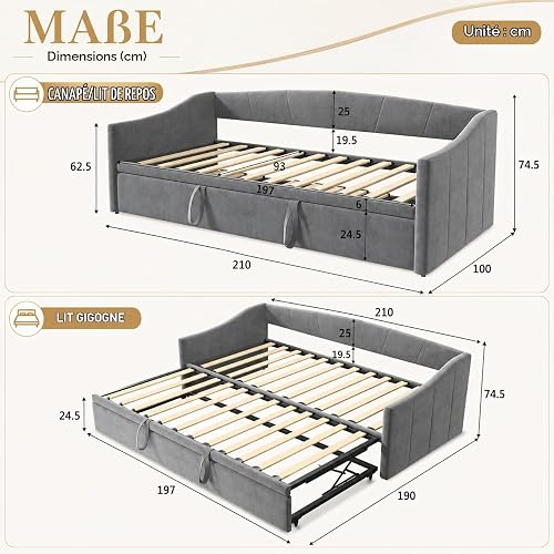WSOFZMO Lit gigogne 90/180x200, canapé-lit Extensible rembourré en Velours - 2