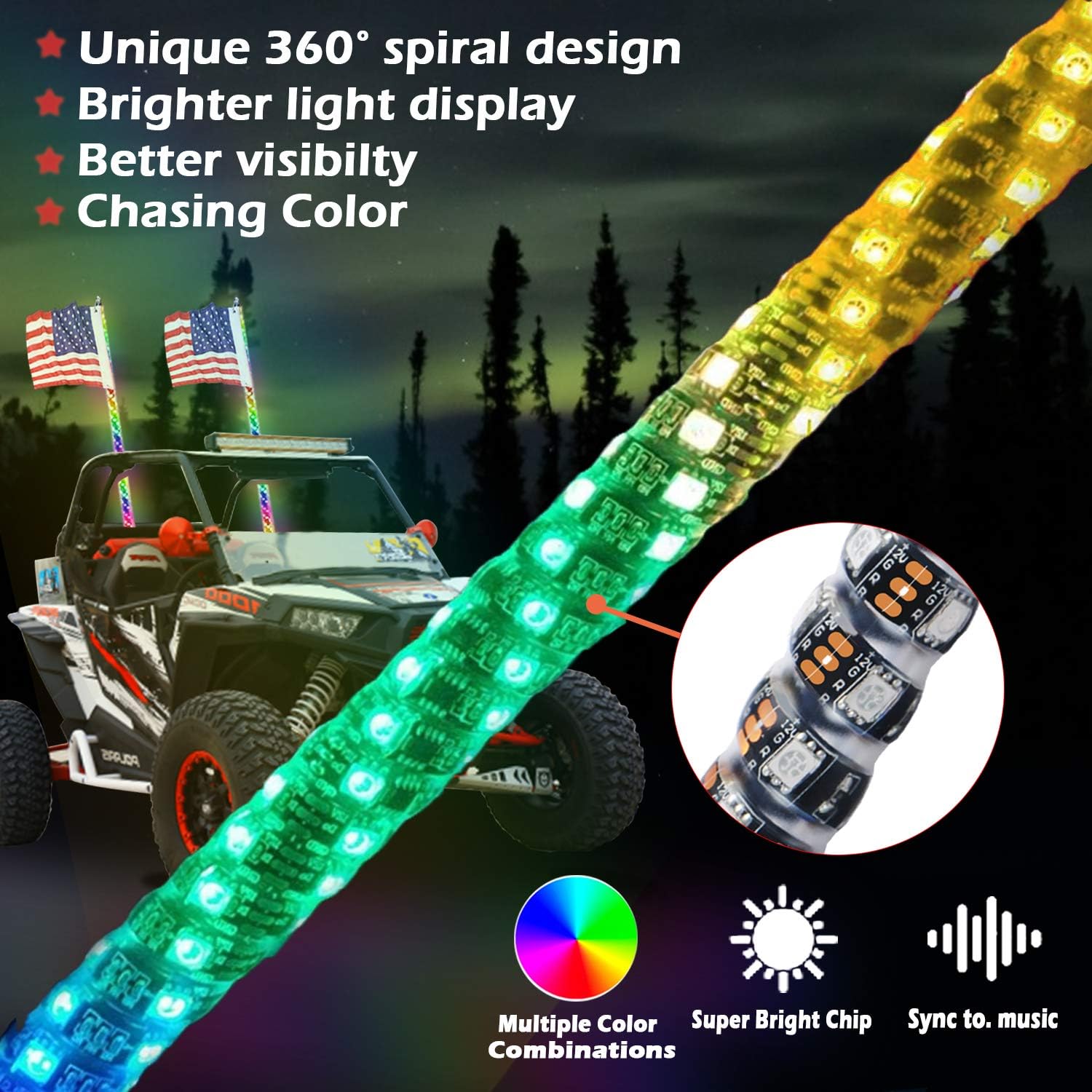 omotor 2pcs 3ft LED Whip Lights with Bluetooth and Remote Control Spiral RGB Chase Light Offroad 360°Spiraling Rising Dream Wrapped Dancing Whips : Automotive