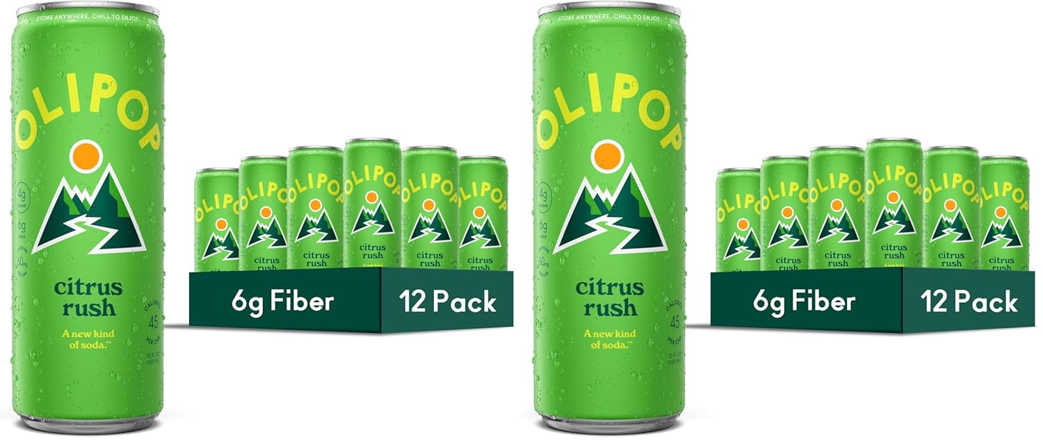 OLIPOP Prebiotic Soda Pop, Cherry Cola, Pantry Pack Packed with Prebiotics, Fiber, and Botanicals, Gluten Free, GMO Free, 12oz Skinny (12-Cans)