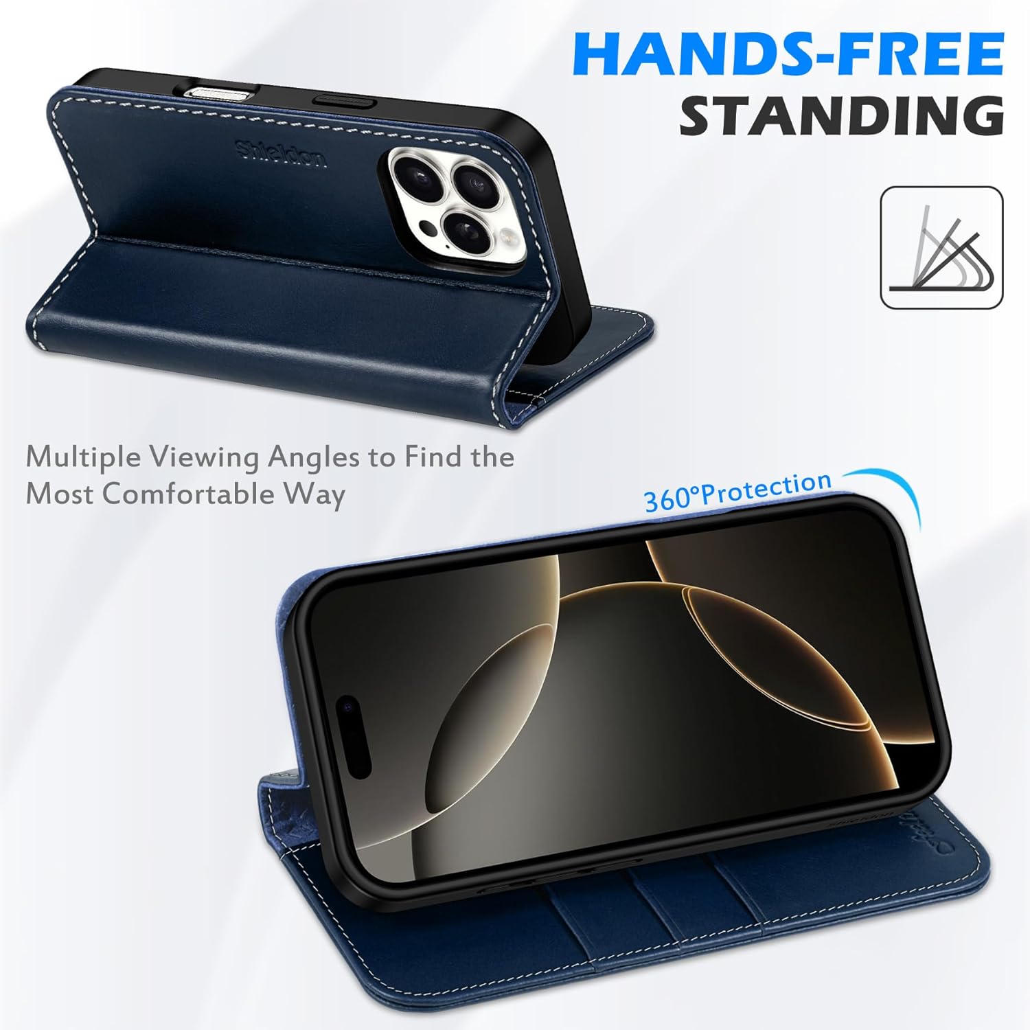 SHIELDON Case for iPhone 16 Pro 6.3", Genuine Leather Wallet Flip Magnetic Cover RFID Blocking Credit Card Holder Kickstand TPU Shockproof Case Compatible with iPhone 16 Pro 5G - Retro Dark Blue