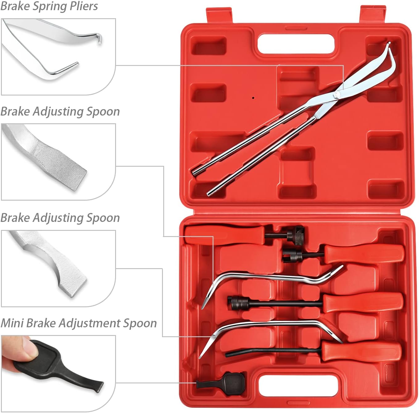 ‎DNA MOTORING TOOLS-00245 8-Pcs Brake Service Kit - Brake Spring Installer Remover Plier Tools Set with Carrying Case,Red