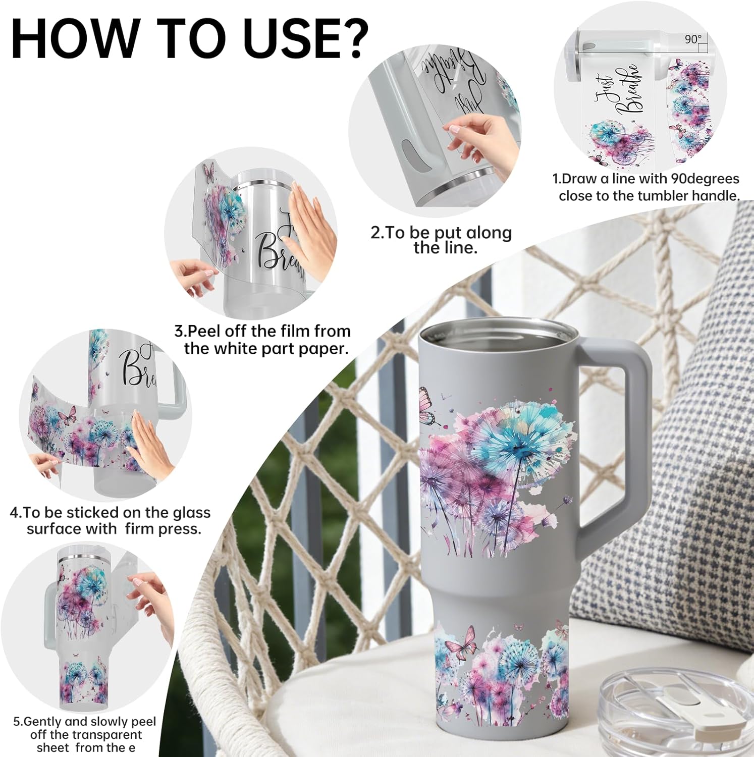 UV DTF Cup Wrap 6 PCS Just Breathe Dandelion Vibrant High Viscosity 40oz Stickers for Smooth Flat Hard Surfaces Glasses Mugs Laptops