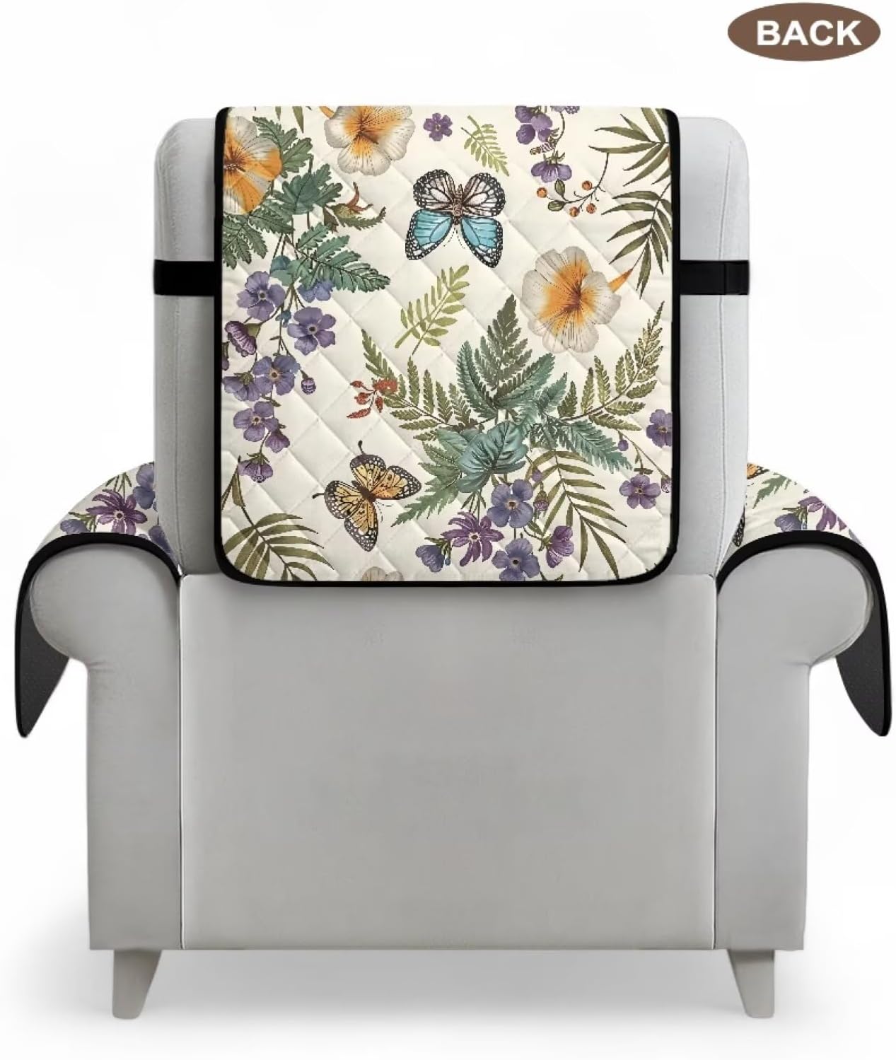 Butterfly Flower Leaf Print Non Slip Recliner Slipcovers, Washable Lazyboy Recliner Chair Cover for Pet Living Room, Stay in Place Fitted Reclining Slipcover Soft with Elastic