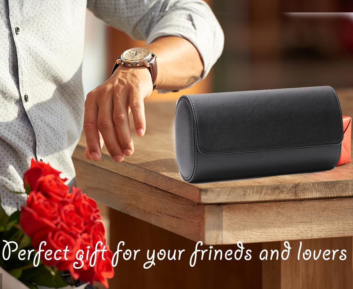 Watch Travel Case, Luxury Leather Watch Roll 3 Slot Organizer Box for Man and Woman, Jewelry Storage Case Gifts for Husband, Dad Birthday Christmas Anniversary (Black-3slot)