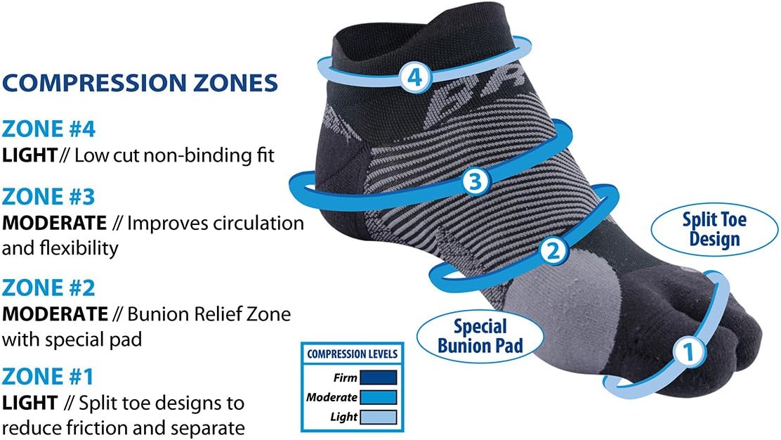 OrthoSleeve BR4 Bunion Relief Socks Split-Toe Design Separates Toes, relieves Bunion Pain and a targeted Bunion pad Reduces Toe Friction and relieves Hallux valgus Pain (Black 3 Pack, Small) : Health & Household
