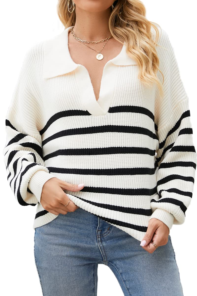 CHYRII Women Overized Puff Long Sleeve V Neck Knitted Polo Pullover Sweater Jumper Tops