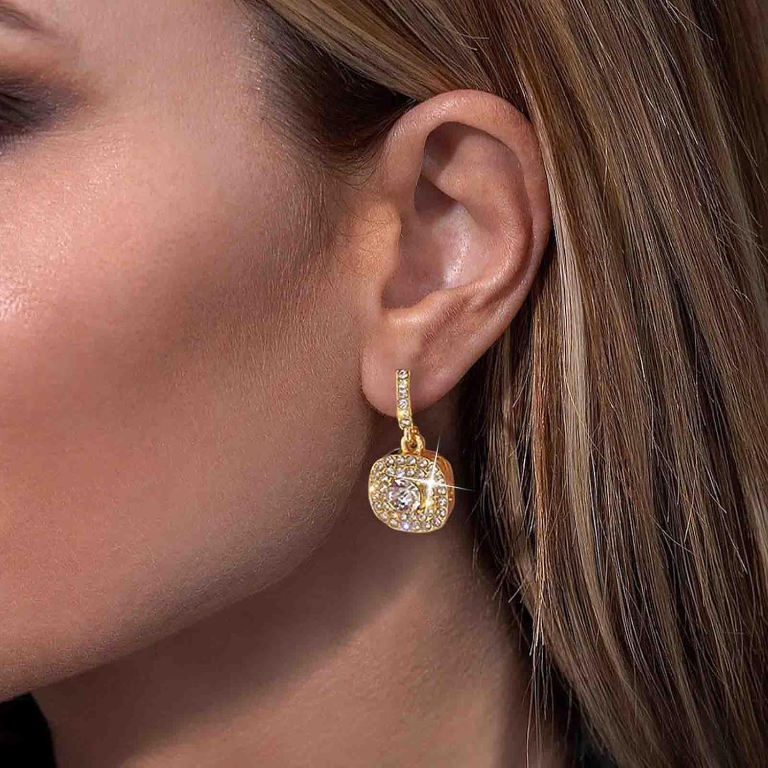 Vintage Crystal Square Dangle Earrings Gold Cz Halo Stud Earrings Geometric Rhinestone Drop Earrings CZ Square Earrings Jewelry for Women - Image 5