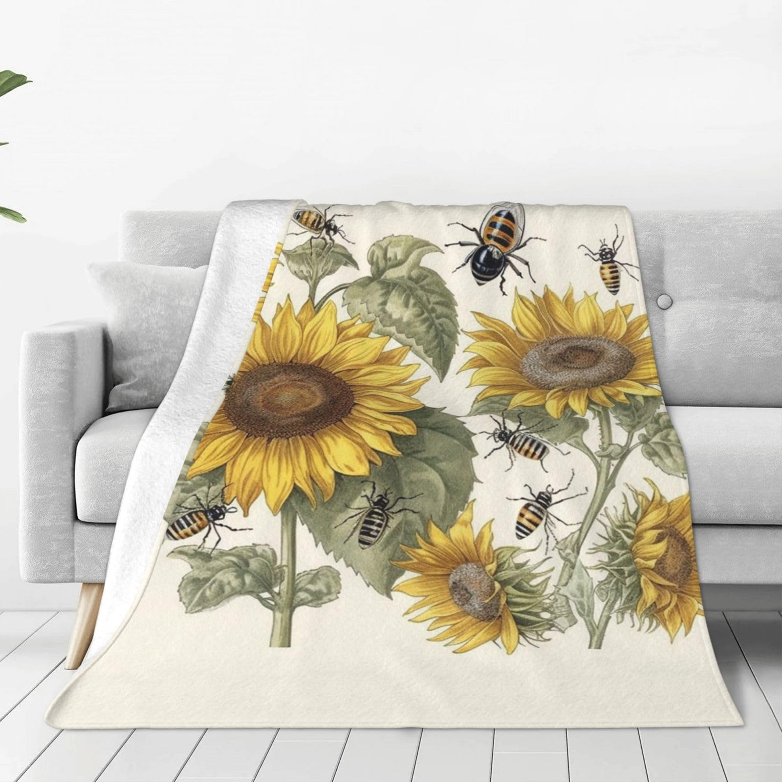 Sunflowers and Insects Throw Blanket for Couch, Plush Fuzzy Soft Flannel Blankets and Throws for Sofa, 40"x30" Bed Blankets for Travel Camping Chair, All Season Warm Fleece Blanket