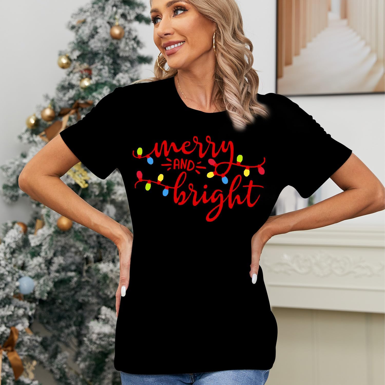 MAIHUN Christmas Shirts Womens Merry and Bright Shirt Xmas Holiday Tshirt Christmas Lights Tee Tops - Image 2