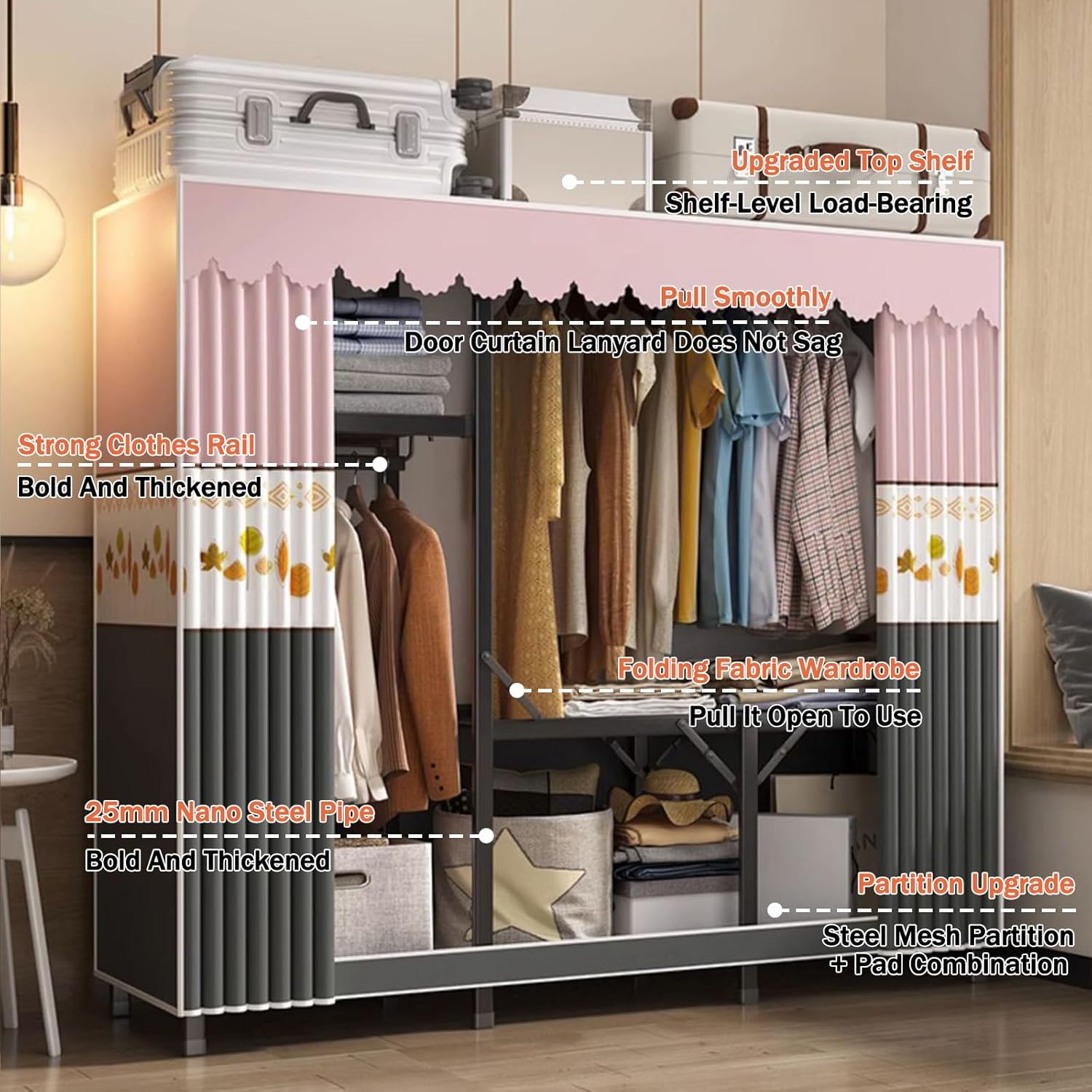 Folding Wardrobe,Fabric Cabinet,Foldable Coat Rack with Clothes Rails,Cloth Wardrobes for Bedroom Single,Canvas Folding Wardrobe Storage,Pink Gray