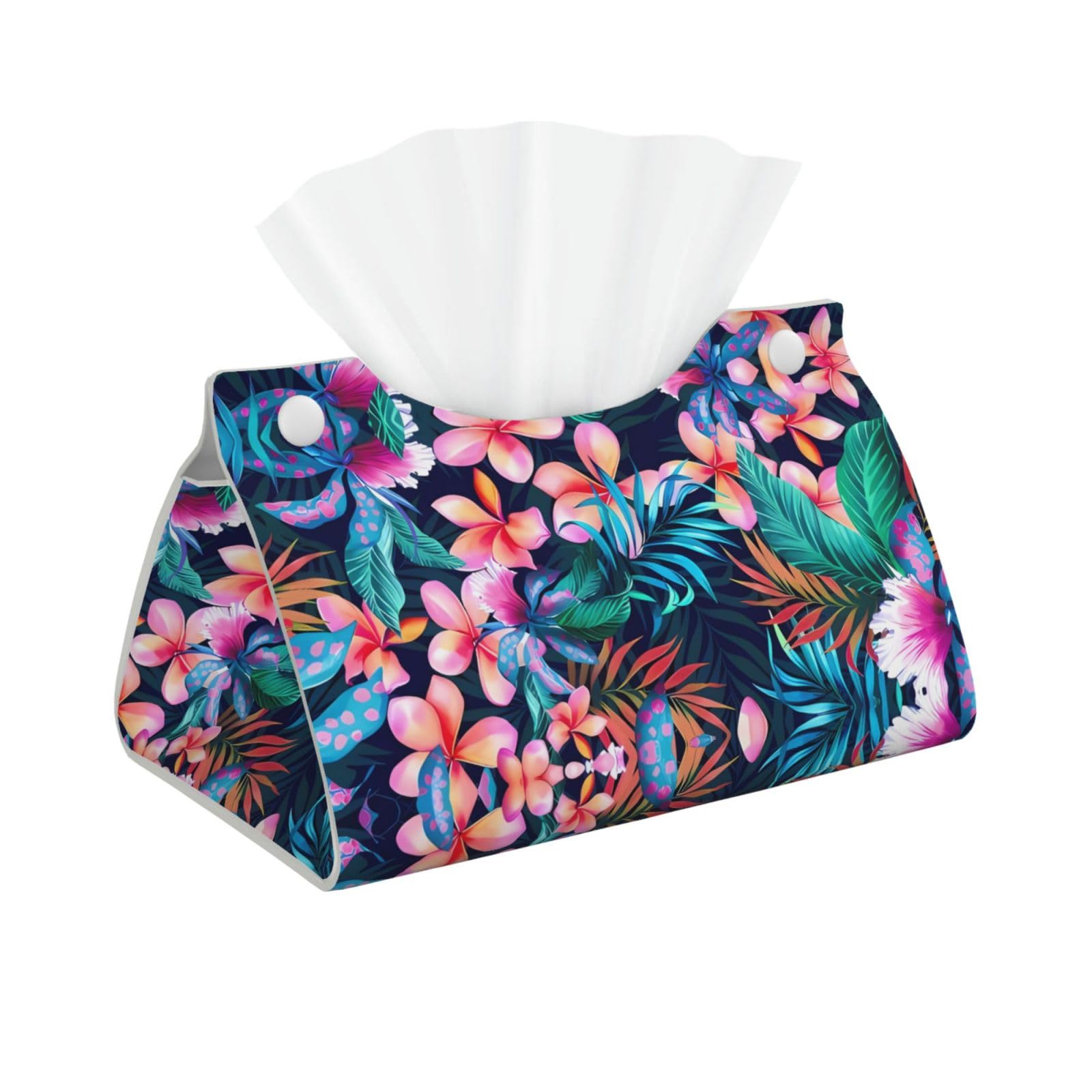 Tropical Flowers Print Long Tissue Box Cover Holder Foldable Leather Organizer for Vanity, Nightstand, Desk & Bathroom