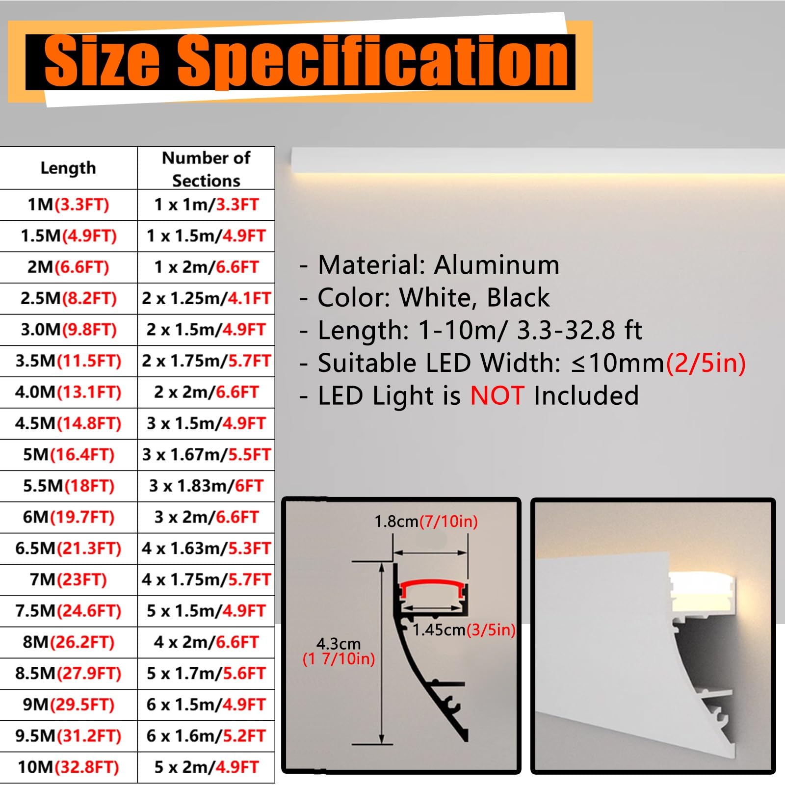 Profil aluminiowy LED, Aluminiowy liniowy kanał świetlny LED z osłoną dyfuzora do koryta świetlnego z koroną 1-10M(4.0M(13.1FT))