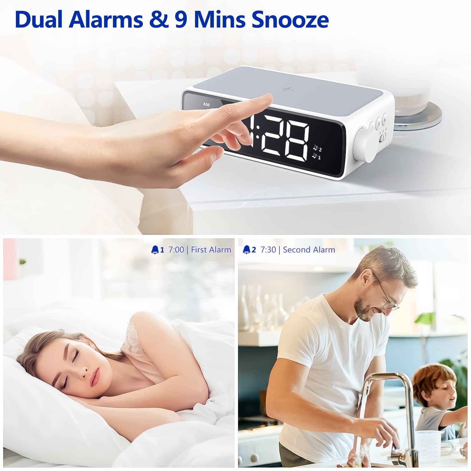 Sveglia Digitale con Ricarica Wireless, Funzione Snooze Luminosità Regolabile per Ufficio, Viaggi, Camera da Letto, Bambini, Adolescenti, Adulti, Regali