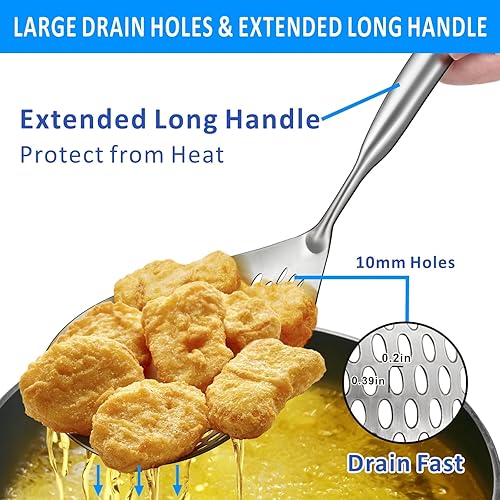 Miniatura 3 de Cuchara grande ranurada para espumadera, cuchara coladora de pasta de acero inoxidable 304, cucharón de araña con grandes agujeros de drenaje,