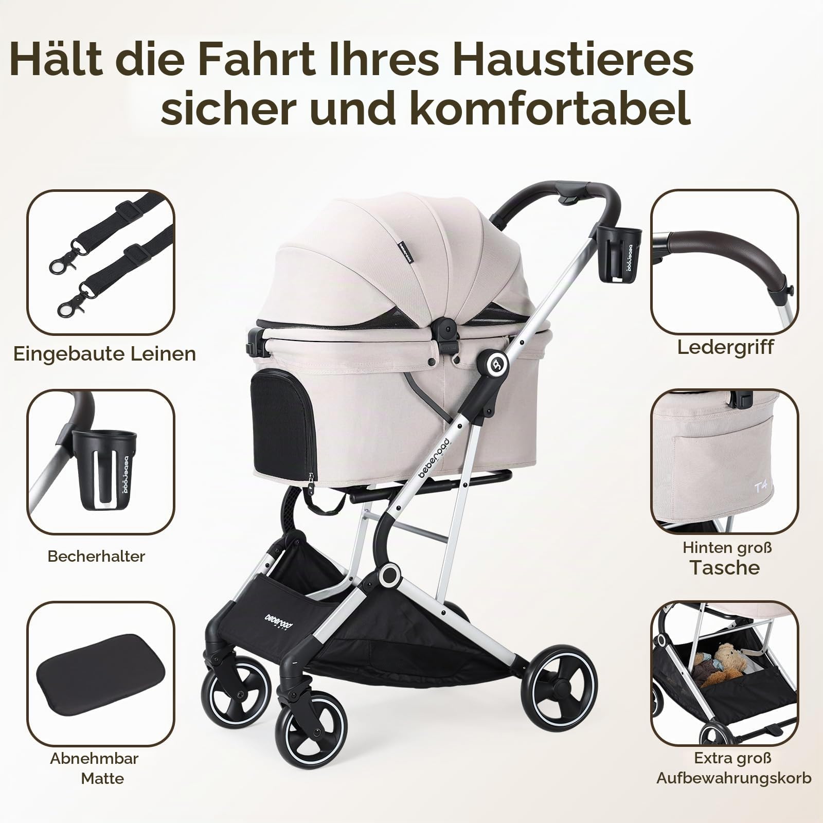 Beberoad T4 Haustier Kinderwagen Hund Katze Kinderwagen für kleine mittlere Hunde Katzen, 4 Räder Travel Folding Carrier Waterproof Puppy Stroller mit Pad, Canopy und Cup Holder, Beige