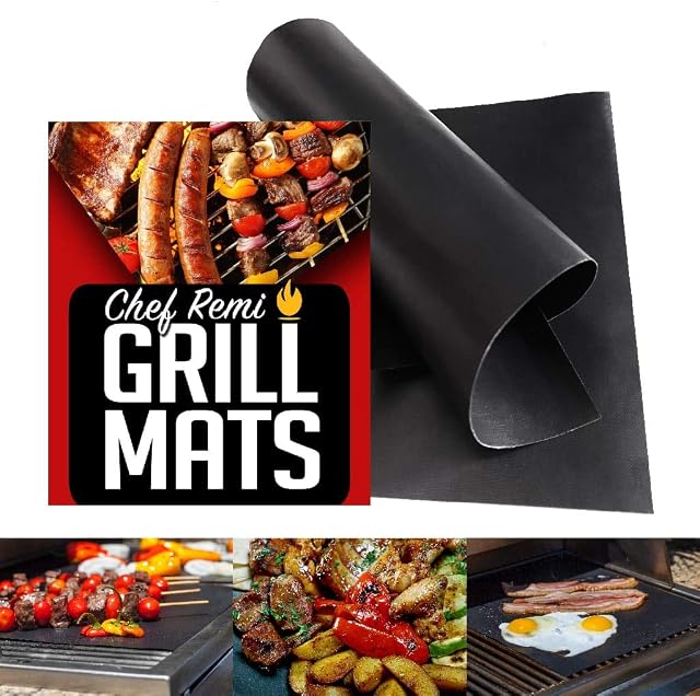 Chef Remi BBQ Grill Mats-2 Yr Warranty -2 Non-Stick Reusable Mats for Gas, Charcoal, Electric BBQs & Ovens - Cut to Any Size, Easy to Clean, Dishwasher Safe