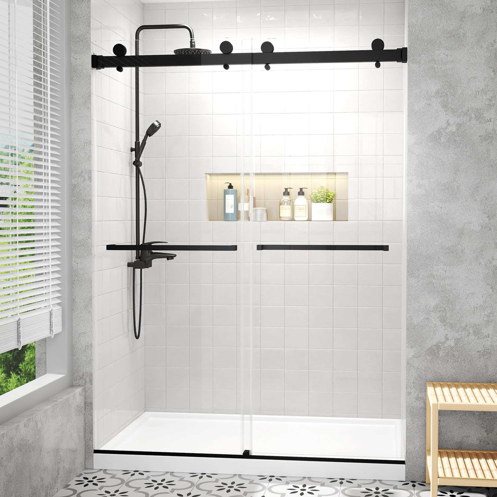 56"-60" W x 76" H Frameless Shower Door, 5/16" (8mm) ANSI Certified Tempered Glass, Double Sliding Bypass, Stainless Steel, Quiet Soft-Close, Matte Black