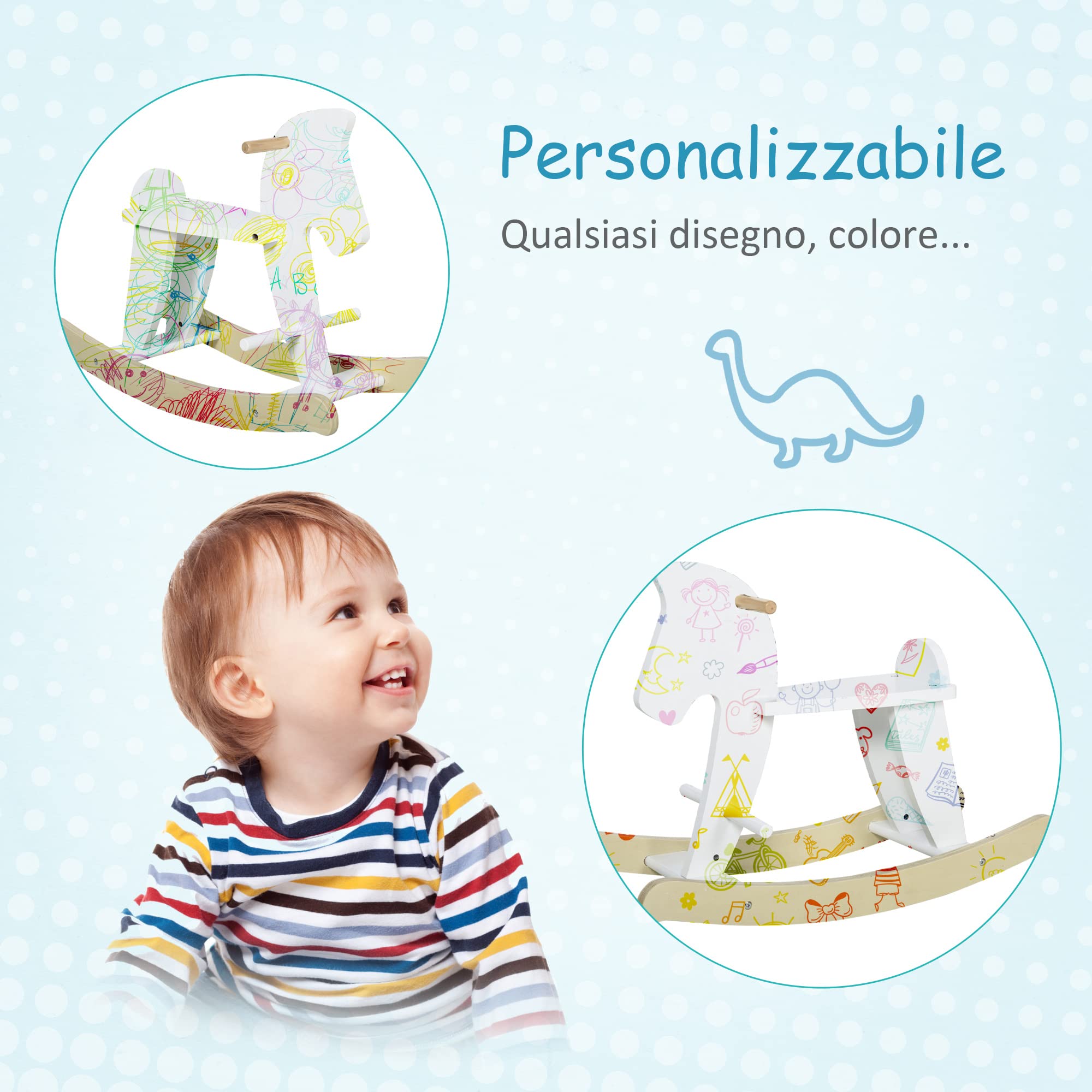 HOMCOM Cavallo a Dondolo per Bambini 1-3 Anni, Design Classico in Legno con Maniglie e Poggiapiedi, 68x26.5x48cm, Bianco