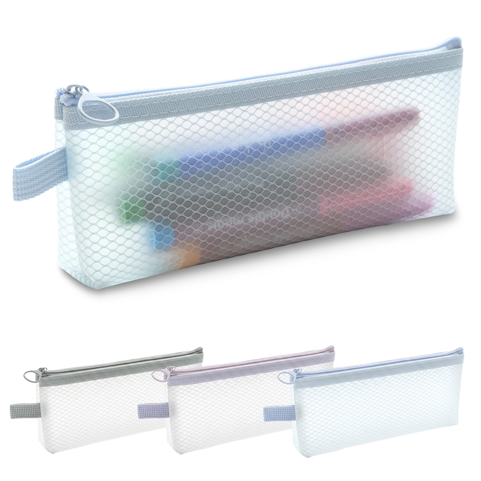 muuee EVA Mesh Pencil Case, Portable Waterproof Pencil Pouch, Eco-Friendly Clear Zipper Pen Bag for Adults & Students, Large Capacity Storage for Stationery, Toiletries, Makeup, Travel (Blue)