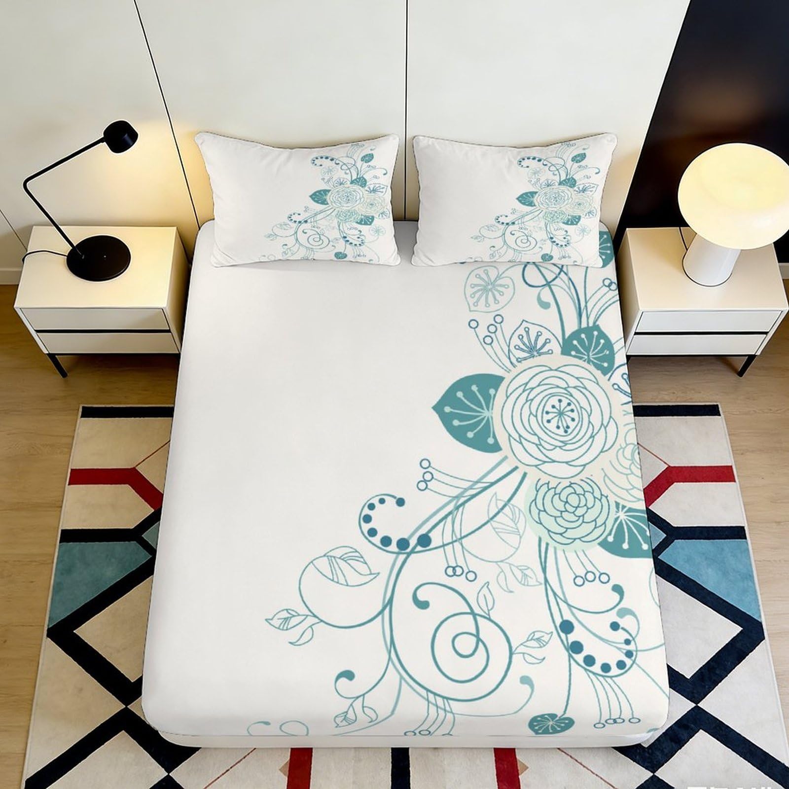 Dhbaneiok Style-2 3D Printed Abstract Floral Fitted Sheet Microfiber Soft White Blue Artistic Pattern Mattress Cover For Bedroom Guest Room Decor 90X200x25cm
