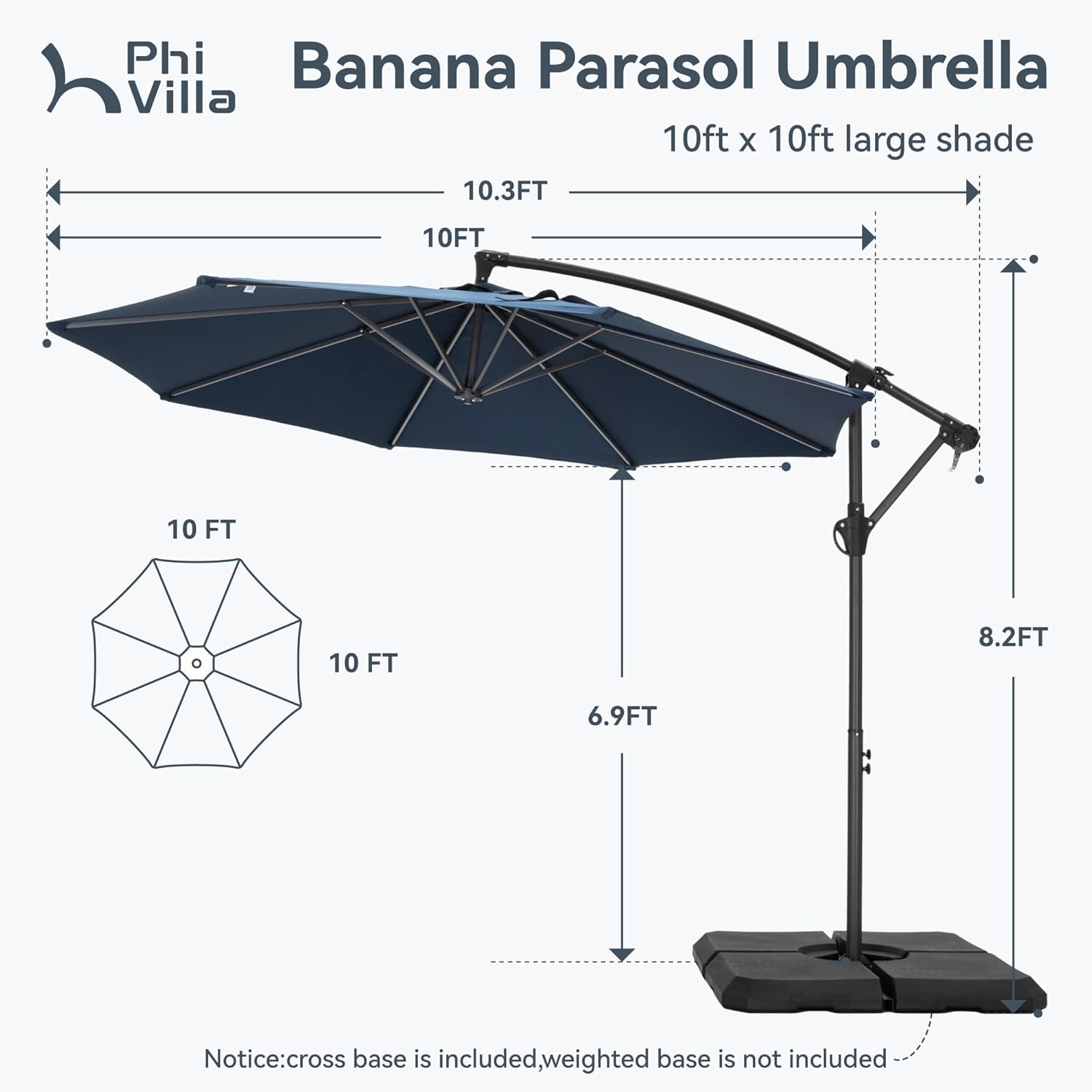 PHI VILLA Offset Patio Umbrellas 10f, Outdoor Hanging Market Umbrella with Cross Base(No Weight), for Deck Pool Porch Backyard, Navy Blue