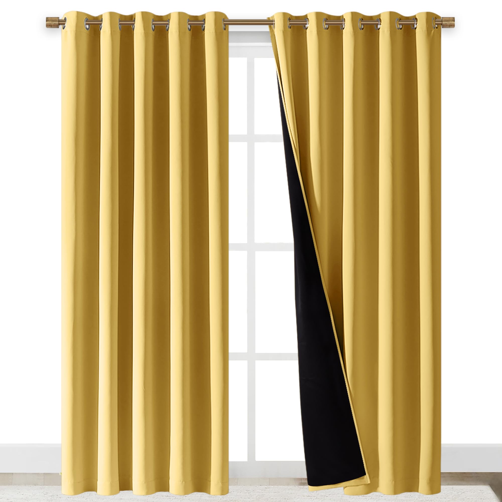 NICETOWN Total Shade Curtains and Draperies, Heavy-Duty Full Light Shading Drapes with Black Liner Backing for Villa/Hall/Dorm Window(Bright Yellow, Package of 2, 70 inches Wide x 95 inches Long)