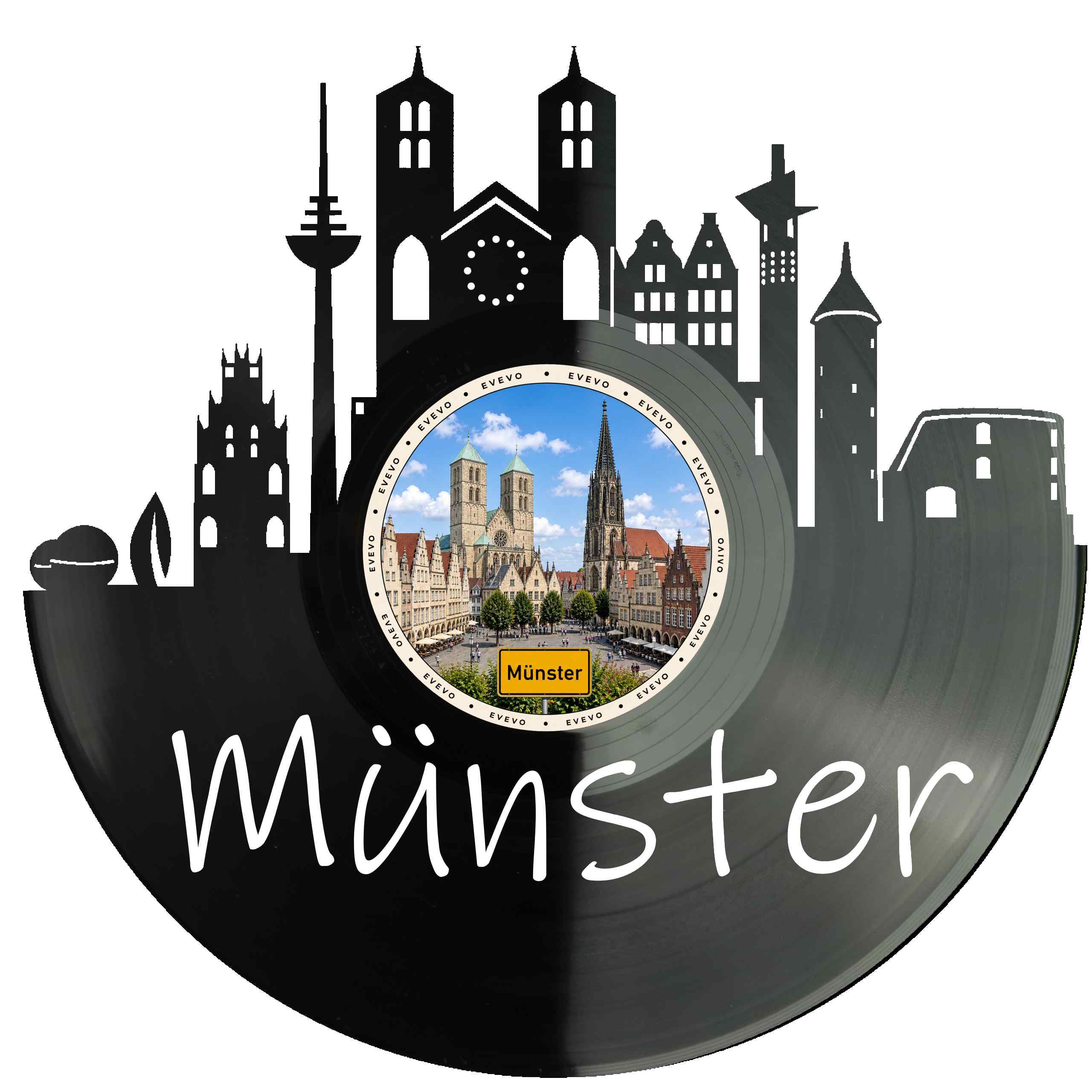 EVEVO Decorazione da parete a forma di disco di Münster, arte da parete in vinile con skyline della Westfalia, regalo per i fan di Münster, amanti della bicicletta della città principale del mercato