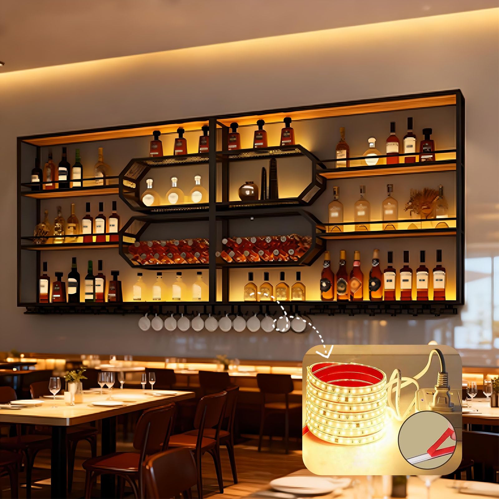 Modernes Wand-Weinregal, 3 Schicht Hängend Bar Regale Aufbewahrung mit Glashalter, Metall Wand montiert Wein Display Rack für Bars Restaurants und Küche (Schwarz, 300cm)