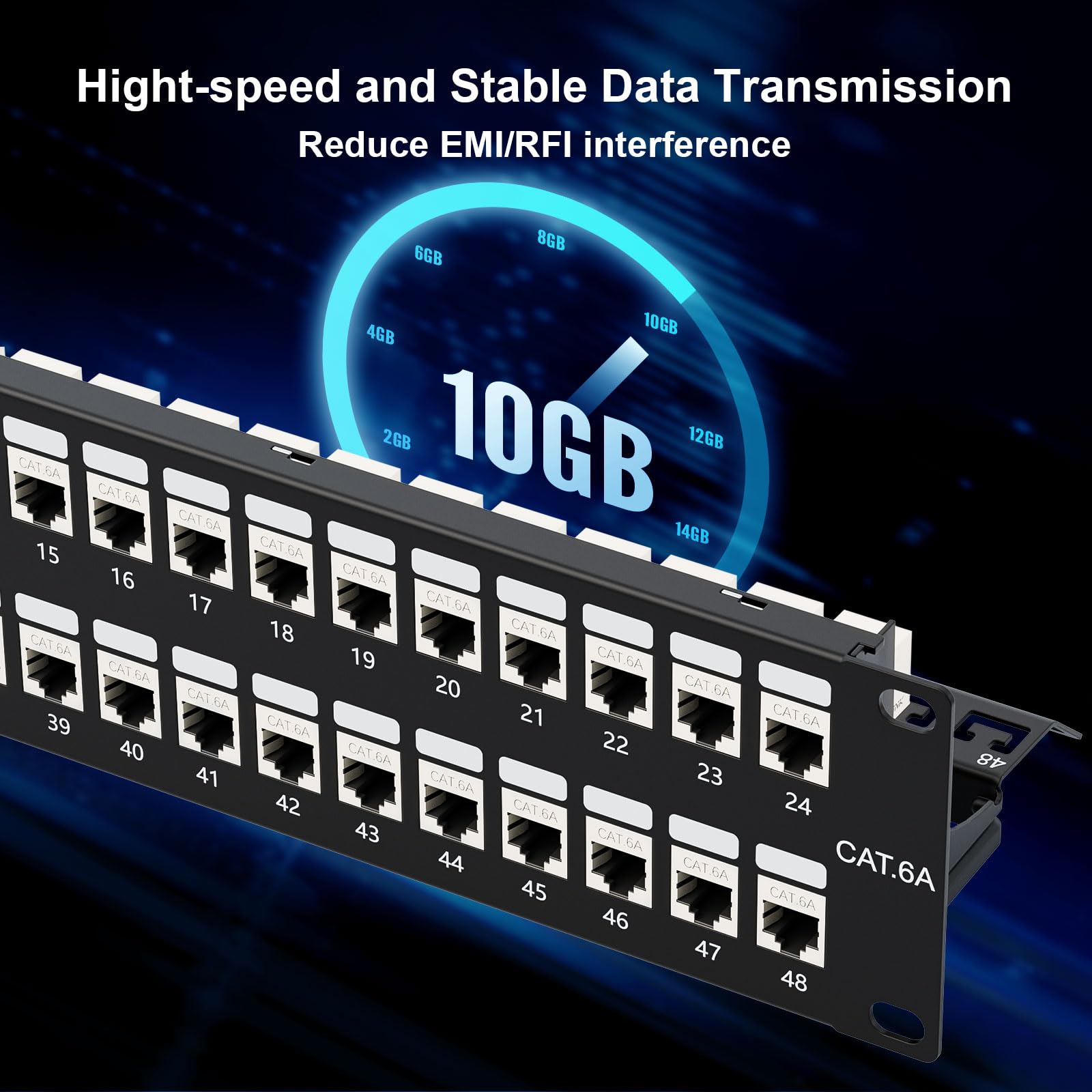 iwillink Panel de conexión de 10 Gbps de 48 puertos, RJ45 blindado a través de Cat6A, paneles de conexión STP de 19 pulgadas 2U con Keystone en línea y barra trasera extraíble
